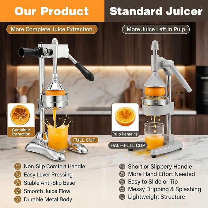 Stainless Steel Manual Citrus Juicer with Stable Countertop Base | Cast Iron Juicer, Hand Juice Squeezer, Gear-Drive Rotary Press for Oranges, Lemons, Pomegranates - Image 5