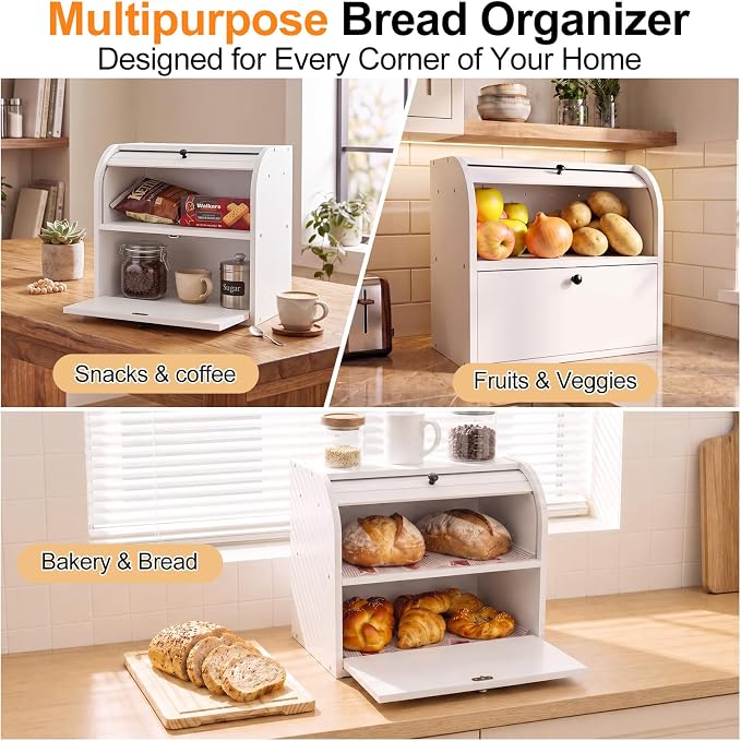 Alpeir Roll Top Bread Box with Cutting Board for Kitchen Countertop, White | Large Breadbox with Ventilation Holes, Double Layer Pantry Shelf, Wooden Homemade Bread Storage Container, Vintage Farmhouse - Image 8