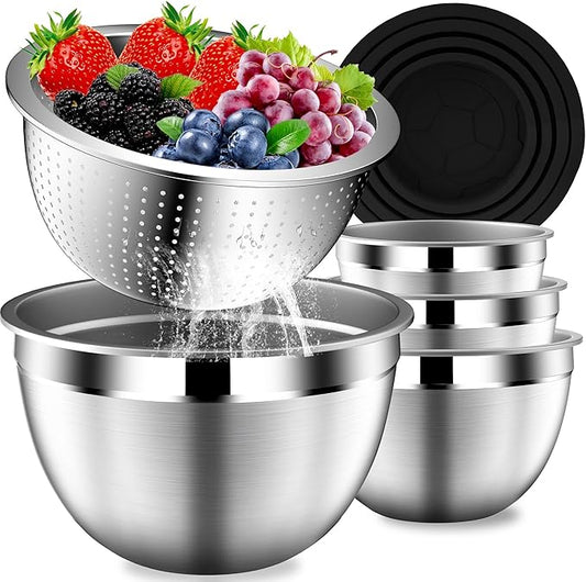 DUTZUN Mixing Bowls with Lids Set, Stainless Steel Mixing Bowls with Colander, Strainer with Mixing Bowl Set, Serving Bowl Kitchen Gift, Size 4.5, 2.5, 2, 1.5QT - Black by DUTZUN
