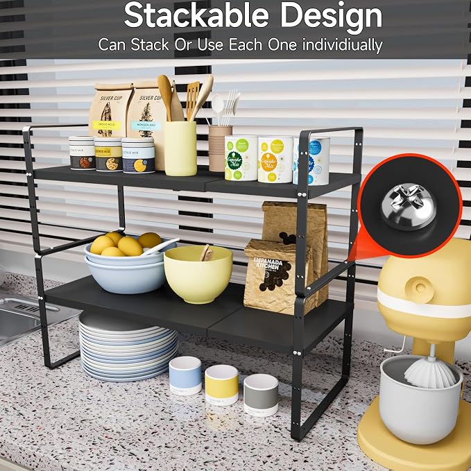 2pcs Expandable Cabinet Shelf Organizer, 16.5"~27''L, Black | Stackable, Adjustable Height, For Cabinet, Countertop, Pantry & Cupboard, Pantry Spice Rack, 10.2" W x 9.6" H - Image 4