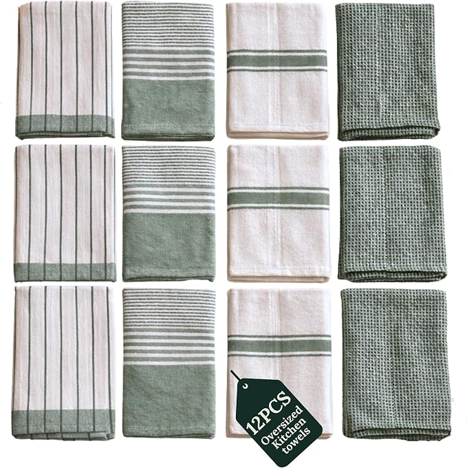 CSL Pack of 12 Kitchen Towels, Absorbent & Soft, Oversized, 18x28 - Green by CloudScapeLinen