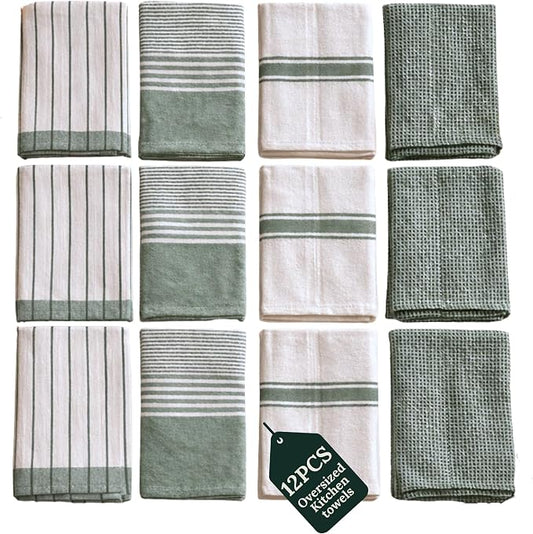 CSL Pack of 12 Kitchen Towels, Absorbent & Soft, Oversized, 18x28 - Green by CloudScapeLinen