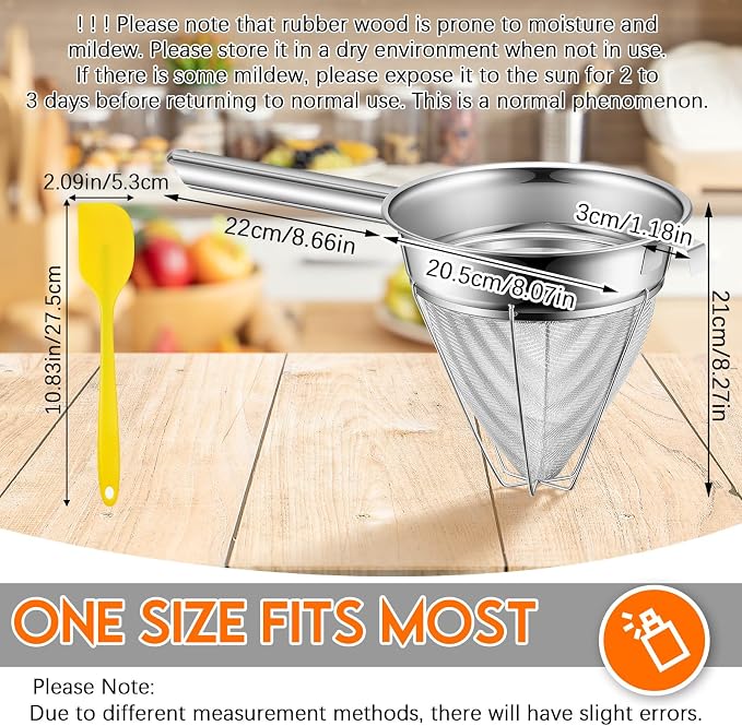 SiliFine 8"Chinois Fine Mesh Strainer Set with Handle and Rubber Pestle | Stainless Steel Reinforced Bouillon Sieve Strainer China Cap Cone Sieve for Sauces, Soups, Broth, Stock, Kitchen Food Cooking - Image 2