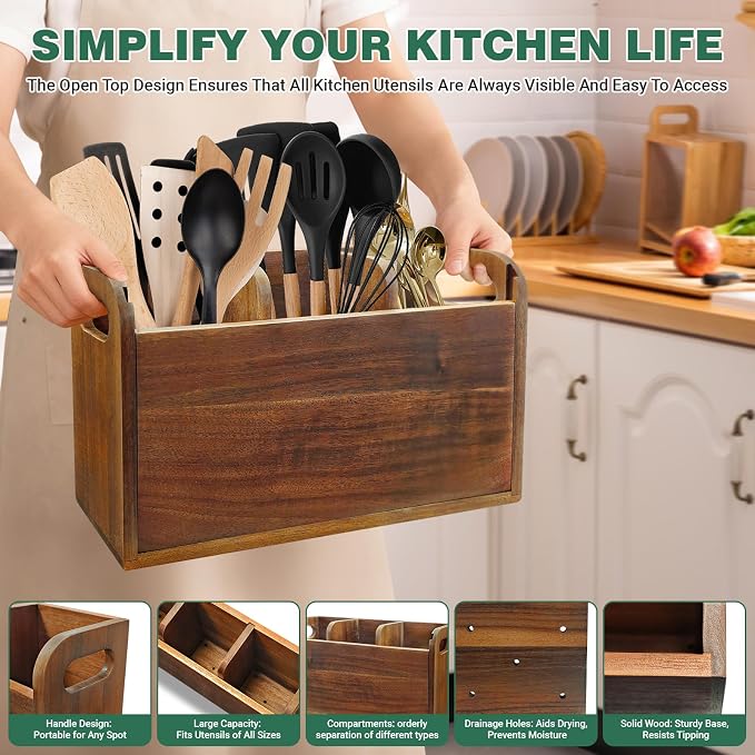 Kitchen Utensil Holder for Countertop with 3 Compartments，Acacia Wood Utensil Holder Cooking Spatula Organizer Large Cutlery Organizer for Kitchen Countertop Farmhouse Kitchen Decor - Image 4