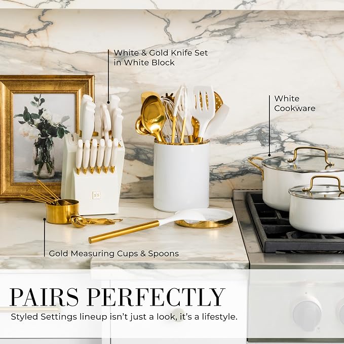 STYLED SETTINGS White and Gold Cooking Utensils Set, 13-Piece | Kitchen Set with White Ceramic Utensil Holder and Stackable Gold Spoon Rest - Luxury Kitchen Accessories for Stylish Cooking - Image 9