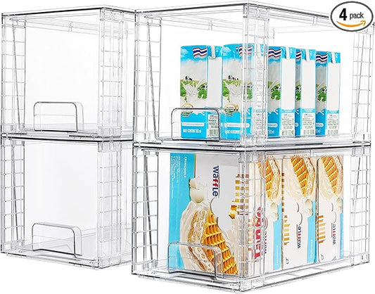 Vtopmart 4 Pack Stackable Clear Pantry Storage Drawers, Large | Large Clear Drawers with Handles. Stackable, Easy to Assemble, Non-slip and Sturdy for Pantry, Kitchen, Cabinet & Bathroom. by Vtopmart