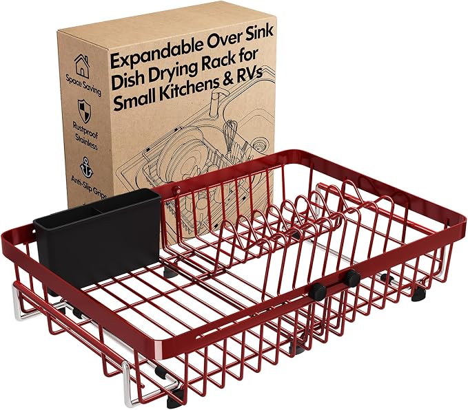 Red Dish Drying Rack Over The Sink with Utensil Holder | Expandable Stainless Steel Dish Drainer for Small Kitchen, Apartment, RV, Counter Space Saving, Perfect Fit, Rustproof by MAJALiS