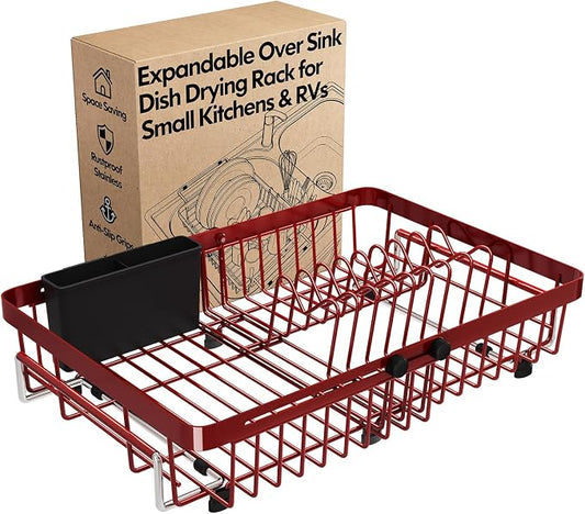 Red Dish Drying Rack Over The Sink with Utensil Holder | Expandable Stainless Steel Dish Drainer for Small Kitchen, Apartment, RV, Counter Space Saving, Perfect Fit, Rustproof by MAJALiS