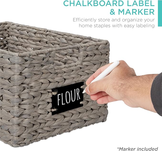 Best Choice Products Pantry Baskets Set of 2 16x12in Water Hyacinth Storage Baskets, Woven Wicker Kitchen Organizers with handles w/Chalkboard Label Chalk Marker - Gray - Image 2