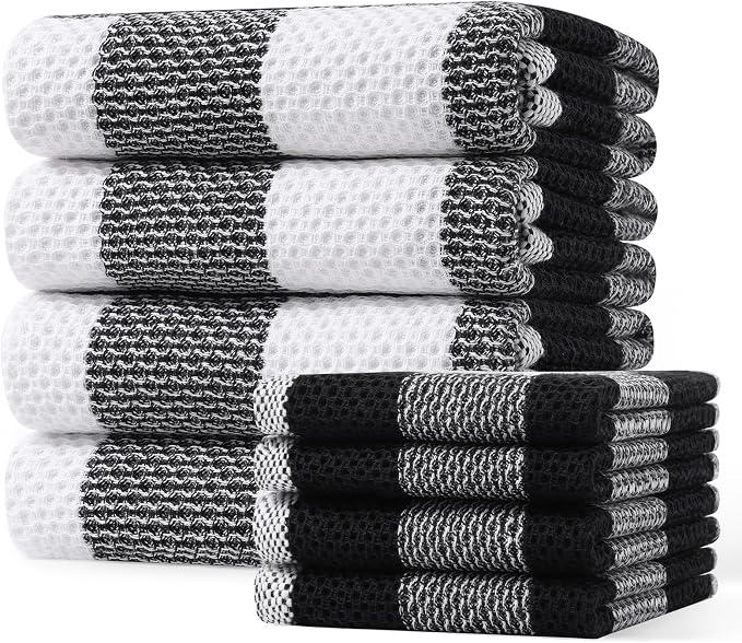 Homaxy Kitchen Towels and Dishcloths Set, Set of 8, White & Black | Bulk Cotton Waffle Weave Check Plaid Kitchen Towels, Super Soft and Absorbent Dish Cloths, 12 x 12 and 20 x 28 Inches by Homaxy