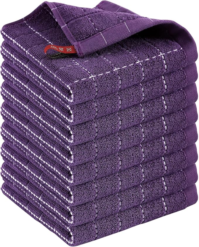 Kitinjoy 100% Cotton Terry Kitchen Dish Cloths, 12”x 12”, 8-Pack, Purple | Ultra Soft and Absorbent Dish Towels for Kitchen, Suitable for Drying and Washing Dishes by Kitinjoy
