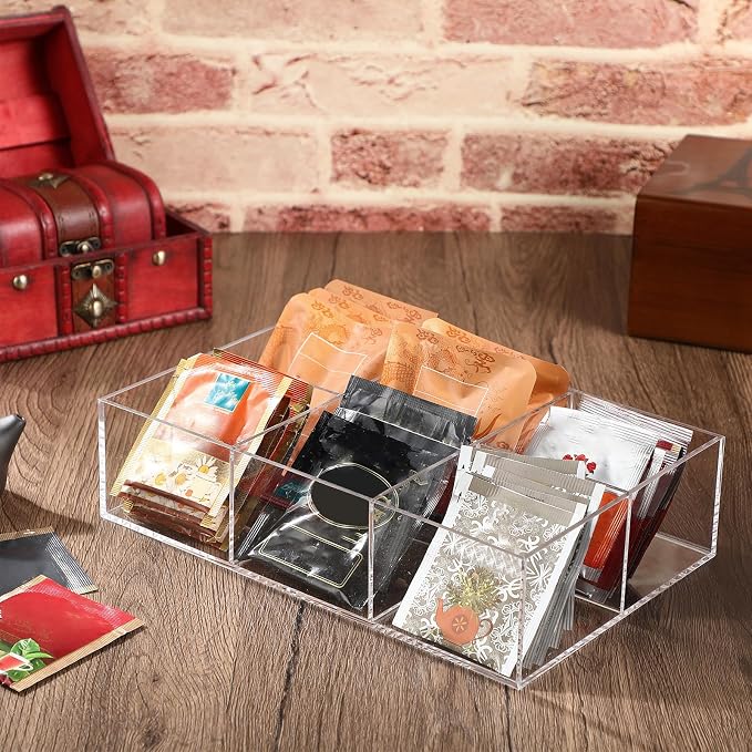 Maitys 4 Pcs Acrylic Tea Bag Organizer Divided Storage with 6 Compartments Clear Acrylic Stash Box Condiment Holder Pantry Organizer for Snacks Coffee Sugar Tea Bar Accessories - Image 5