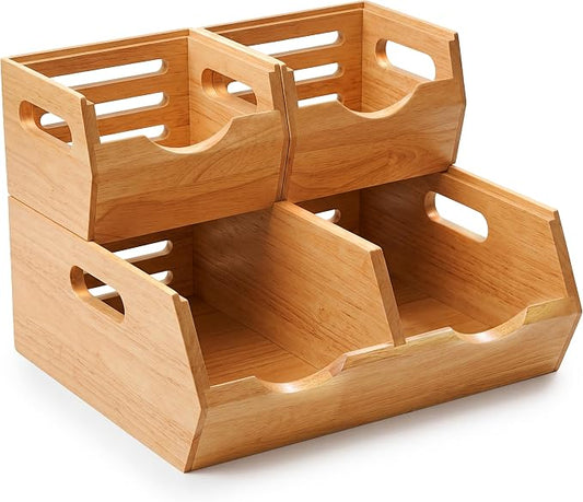 HOMESTEAD Stackable Solid Wood Storage Bins for Pantry & Countertop, Ventilated Potato and Onion Basket Organizer with Handles, Wooden Produce Storage Containers, 3 Pack, Natural Wood by Homestead