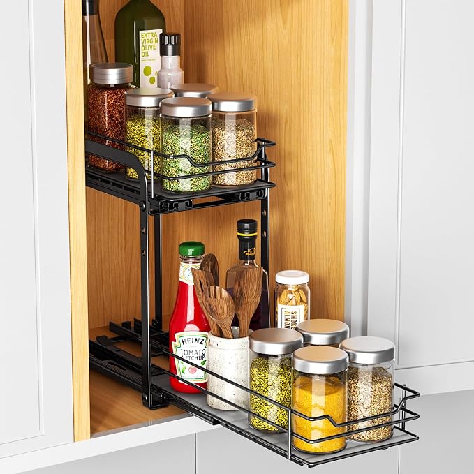 RCHYFEED 2 Tier Pull Out Spice Rack for Inside Cabinets,5.5" Wx10.5 Dx9.5 H | Height Adjustable Spice Cabinet Organizer Heavy Duty Metal Pull Out Spice Rack Vertical Spice Shelf for Cabinets & Pantry - Image 3