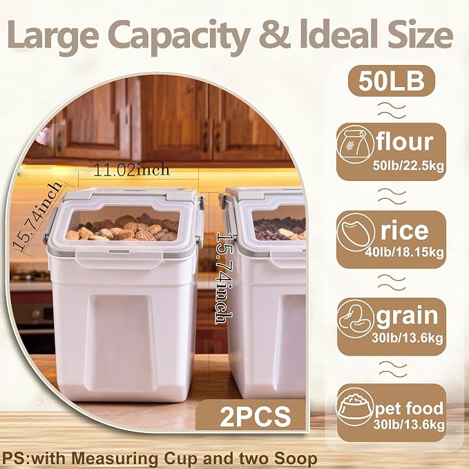 RUIAN 2Pcs Large Flour Storage Container Bin 50Lb Airtight Rice Storage Containers with Wheels Seal Locking Lid, BPA Free with Measuring Cup&Scoop for Flour, Rice, Grain 100LBS Total (Grey) - Image 2