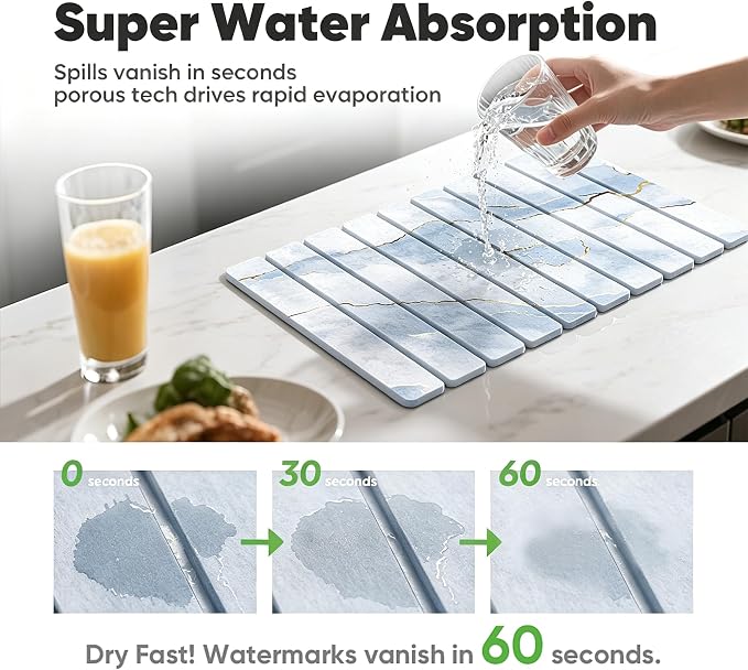 Stone Drying Mat for Kitchen Counter, Quick Diatomaceous Earth Mats for Dishes, 24"L x 16" W Super Absorbent Fast-Drying Collapsible Countertop Stone Mat (Marble White-09, 24" x 16") - Image 3