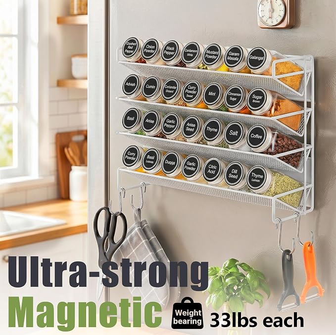 Magnetic Spice Rack Organizer for Refrigerator with 28 Spice Jars, 386 Spice Labels, 4 Hook, Chalk Marker and Funnel Set, Magnetic Shelf for Seasoning Organizer, 13.2'' W x 9.8 H, White - Image 4