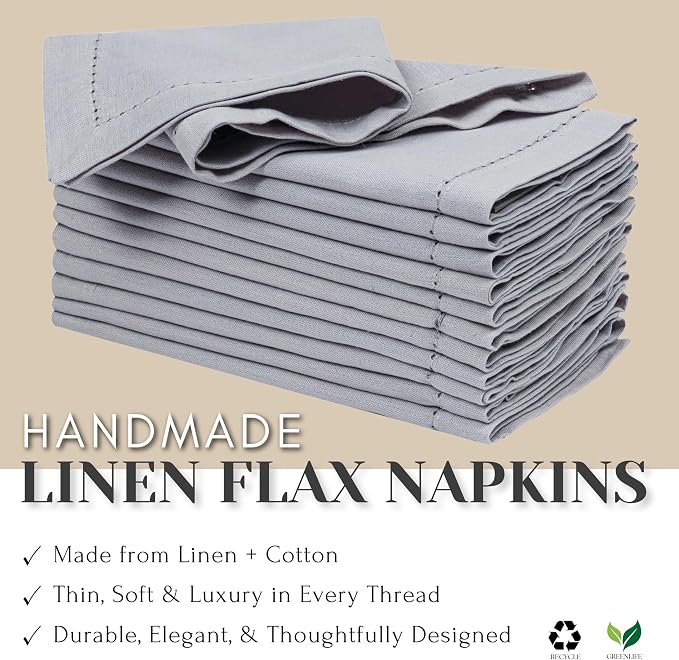 Ramanta Home Grey Cloth Dinner Napkin Set of 12-18x18 Inch | Cotton Linen Flax Hemstitched Napkins Washable for Everyday Use - Image 7