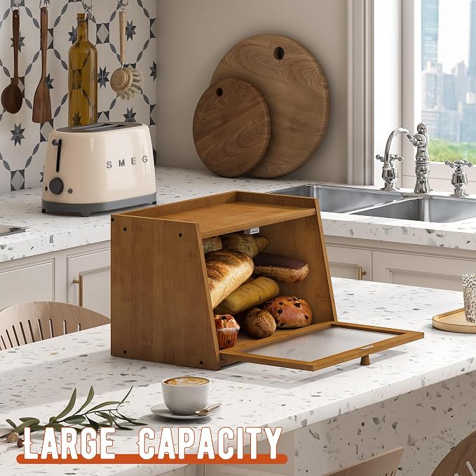 GHWIE Large Bread Box, Easy Access & Cleaning - Bamboo Bread Box for Kitchen Countertop with Acrylic Door (Coffee, Medium) - Image 6