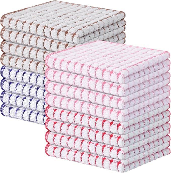 Kitinjoy Cotton 16 Pack Terry Kitchen Dish Cloths, Mix Colour | 12 x 12 Inches Super Soft and Absorbent Dish Rags, Quick Drying Dish towels for Washing Dishes by Kitinjoy