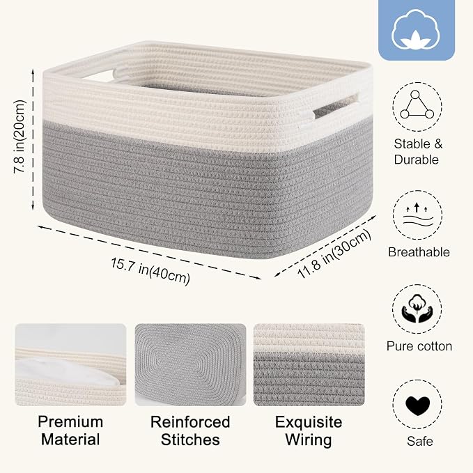 4 Pack Storage Baskets for Organizing, Woven Baskets for Shelves - Perfect for Toys, Books, Towels, and Clothes, Durable Gift Basket Bins Toy Storage, 15.7''Lx11.8''Wx7.8''H, Grey and White - Image 2