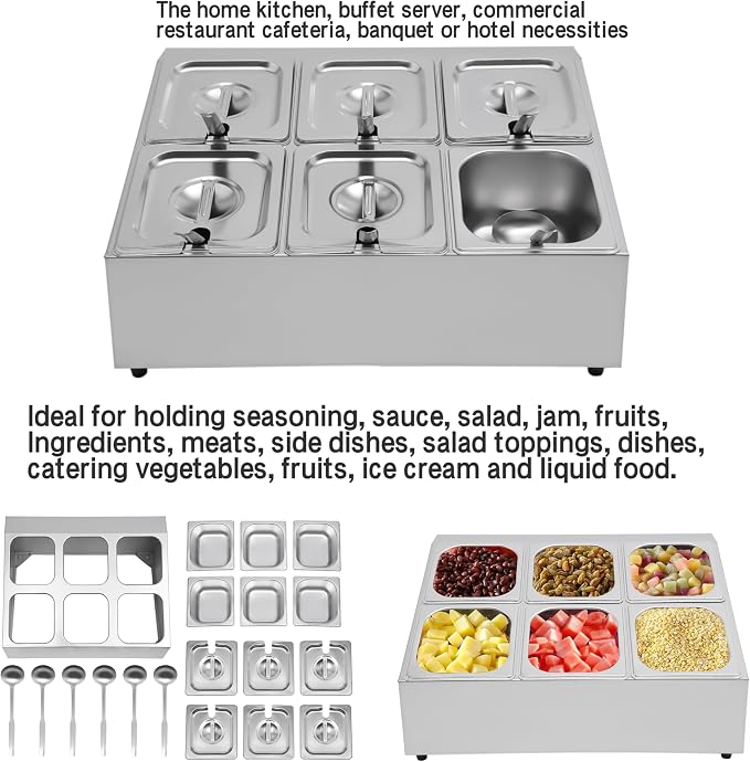 Telescoping Pizza Topping Station Condiment Container Food Prep Holder | 6 Pans & 6* Spoons Stainless Steel Container Set Ingredients Holder Spice Organizer Rack for Kitchen Pizza Oven Accessories - Image 7