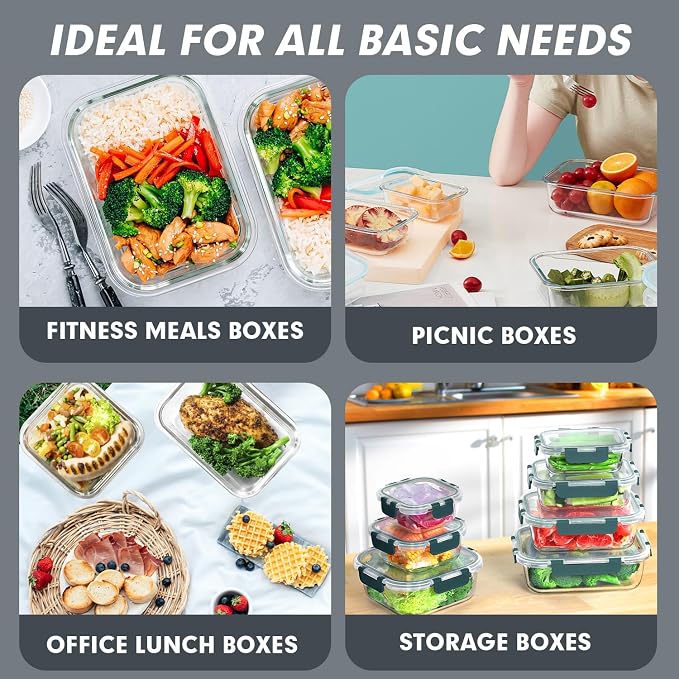 VERONES 30 Pieces Glass Food Storage Containers Set with Lids, Grey | Stackable Glass Meal Prep Containers Set with Lids, Airtight Lunch Containers, for Microwave, Oven, Freezer & Dishwasher - Image 6