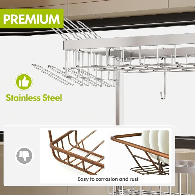 Over The Sink Dish Drying Rack with Cup and Utensil Holder | 2 Tier Stainless Steel,Expandable,Rust Proof Metal,Space Saving,Big Capacity Plate Drainer Above Kitchen Counter,Silver - Image 4