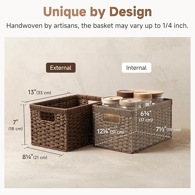 StorageWorks Rectangular Wicker Storage Baskets for Organizing, 2-Pack | Paper Rope Wicker Storage Baskets for Shelves, Dark Brown Wicker Baskets with Handle, Brown Baskets for Storage,Woven Baskets - Image 3