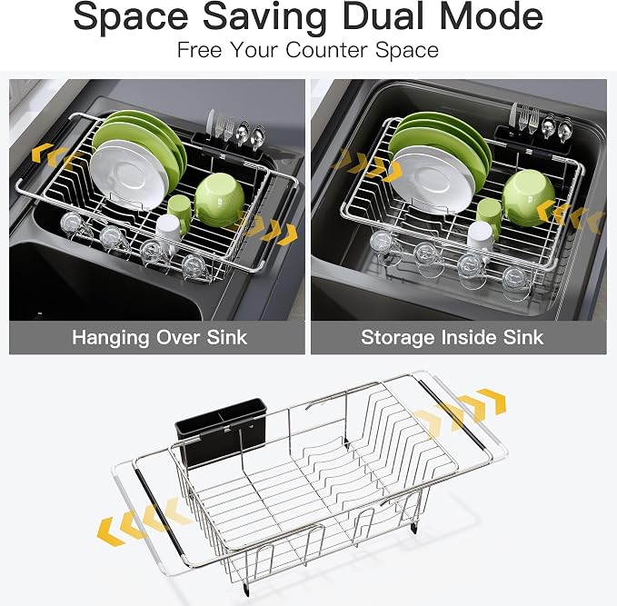 JASIWAY Dish Drying Rack in Sink, Dish Drainer with Cup and Utensil Holder | Over The Sink Expandable Stainless Steel Strainer Dryer Rack for Small Kitchen, Counter Space Saving, Fast Drain, Rustproof - Image 2