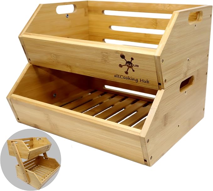 Bamboo Open-Front Stacking Storage Bin -Configurable as 2-Tier Fruit Basket by altCooking+Hub