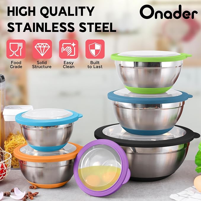 Onader Colorful Mixing Bowl Set of 6 for Kitchen, Large Stainless Steel Metal Nesting Mixing Bowls with Airtight Lids, Non Slip - Size 0.7, 1, 1.5, 2, 2.6, 4.6QT - Image 4