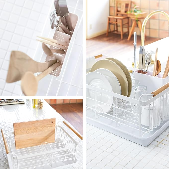 YAMAZAKI Home Dish Drying Rack – Modern White Dish Rack for Kitchen Counter with Removable Drying Tray and Cutlery Holder, Steel + Wood Dish Drying Organizer - Steel + Wood - | Modern dish drying rack organizer with steel and wood construction. Small s... - Image 4