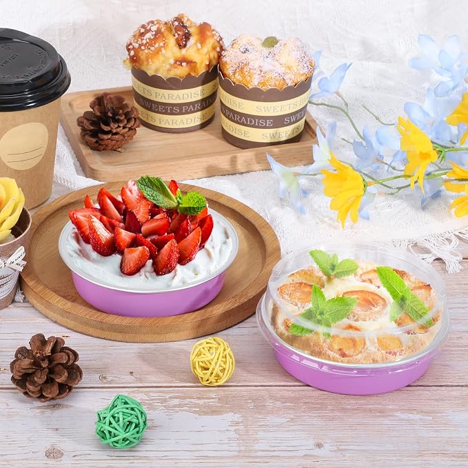 Beasea Disposable Mini Pans with Lids, 50 Pack 4” 8oz Light Pink Aluminum Baking Foil Tins Round Small Tart Container for Individual Cupcake Dessert Muffin Ramekin Cheesecake Quiche Oven Dishes - Image 4