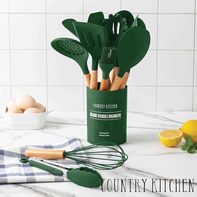 Country Kitchen Non Stick Silicone Utensil Set with Rounded Wood Handles for Cooking and Baking, 14 Piece Set, Green - Image 3
