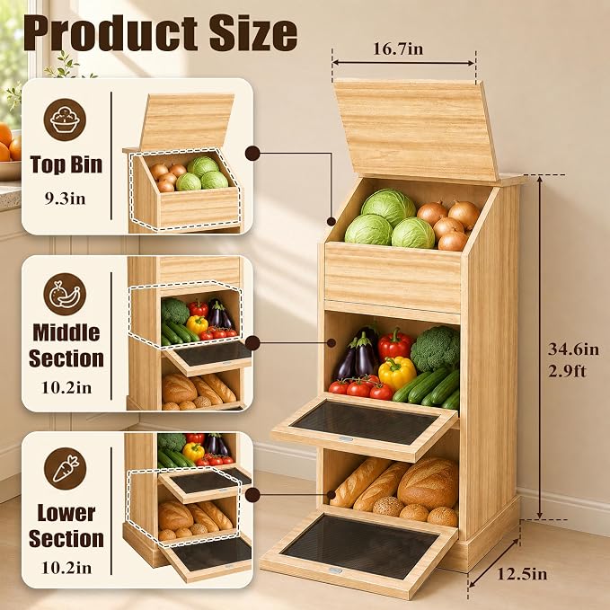 Potato and Onion Storage Bin with Lid, 3-Tier Vegetable Storage, Wooden Rustic Bread Box Cabinet for Fruit and Vegetable, Food Storage Containers Cabinet for Kitchen Pantry (Oak) - Image 3