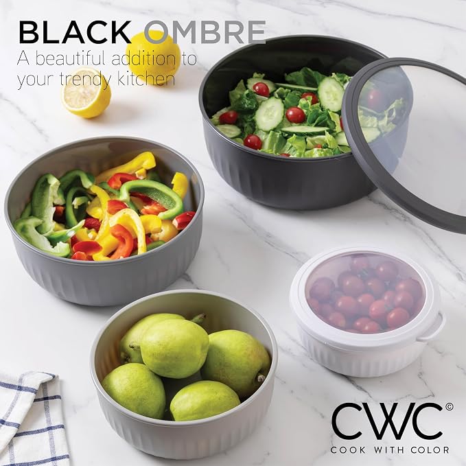 COOK WITH COLOR Prep Bowls with Lids- Wide and Deep Nesting Plastic Small Mixing Bowl Set with Lids, 12 Piece Set - Wide Bowls, Black/White - Image 5