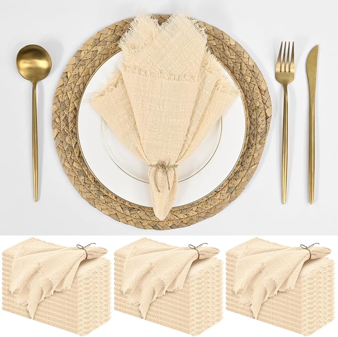 36 Pack Beige Cloth Napkins, 12 x 12 Inch Cotton with Fringe Settings | Handmade washable reusable cotton dinner napkins in bulk for weddings, parties, rustic boho table settings by FXKS