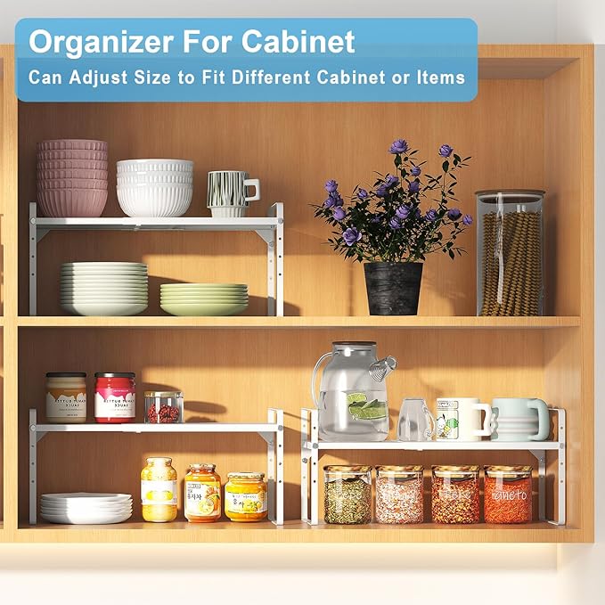 15.5 to 25.5 Inch Kitchen Cabinet Shelf Organizers, Adjustable Kitchen Counter Shelf Organizer, Set of 4 Expandable Countertop Storage Shelves, Stackable Design, 30LBS Heavy Duty, Space Saver - Image 7