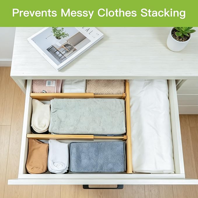 Utoplike Bamboo Dresser Drawer Dividers, Expandable Organizer for Clothing | Adjustable 3.2" High Drawers Separators for Kitchen, Bathroom, Bedroom, Office Storage, 4Pcs, Fit 13.5"-16" Inner Drawer - Image 2