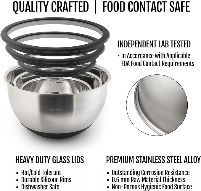 Premium Quality Stainless Steel Mixing Bowls with Lids, 3-Piece Set, Dishwasher-Safe Clear Glass Lids, No Plastics - Image 3