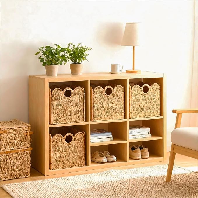 Scalloped Wicker Storage Cubes Basket, 12”x12“ Heavy Duty Paper rope/Hyacinth/Seagrass Baskets for Shelves, Foldable Natural Boho Square Bins (Paper Rope&12 x 12 x 12in&4-Pack) - Image 3