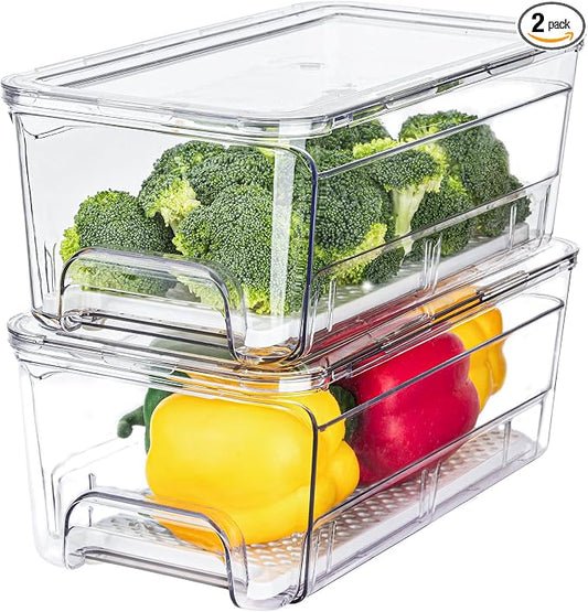 Pull Out Fridge Organizer Drawer, Stackable Refrigerator Storage Bins with Drain Tray and Lid, Clear Fruit and Vegetable Storage Containers Box, for Kitchen Freezer, 2-Pack by Brippo