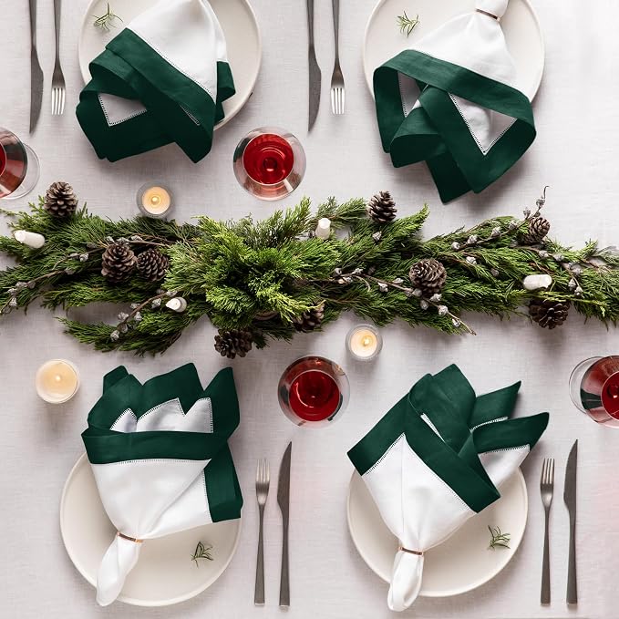 Linen Napkins 20 x 20 inch - 100% Flax Linen White and Green Dinner Napkins Set of 4 - Hemstitch Cloth Napkins Washable for St Patrict Day, Easter, Winter and Spring Decor - Image 5