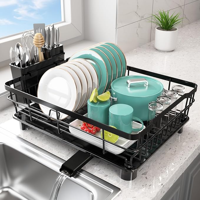 Dish Drying Rack - Space Saving Dish Rack - Dish Racks for Kitchen Counter with Drainboard,Rustproof Dish Drainer with Removable Utensil Holder,Black by Ricobes
