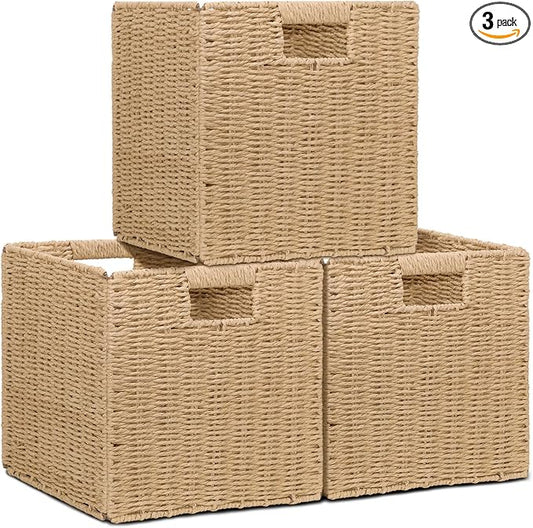 Wicker Storage Baskets for Organizing, 3 Pack Rustic Foldable Square Basket for Shelves, Handwoven Cubby Organizer Bins for Home Decor, Small Cube Storage Bin for Closet Organization (Natural 11 inch) by Cazzon