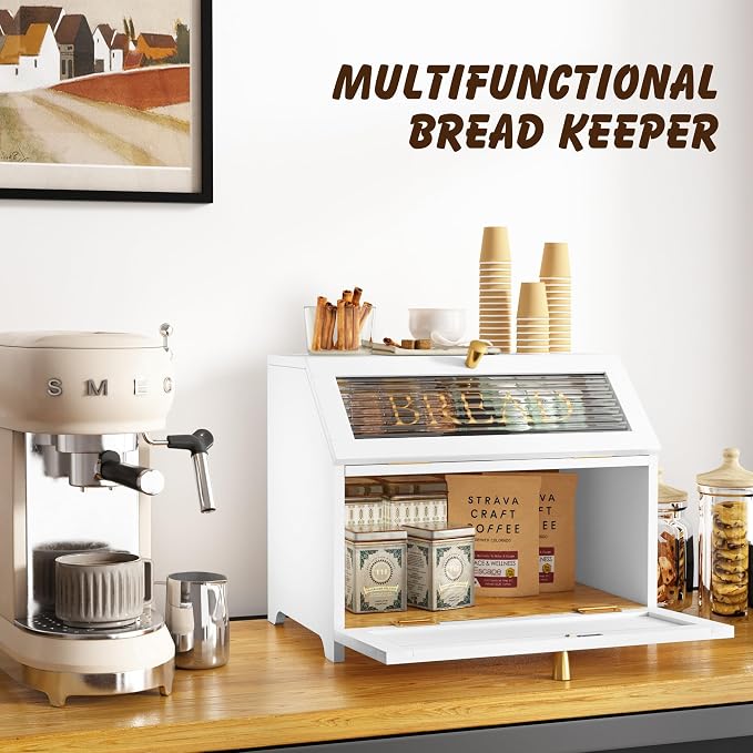 HOLTICO Double Layer Bread Box With Golden Trim for Countertop, Wooden Bread Container for Kitchen Counter, Corner Bread Storage (White) | Wooden Bread Container for Kitchen Counter, Large Capacity Bread Keeper, Farmhouse Food Organizer with Glass Window - Image 6