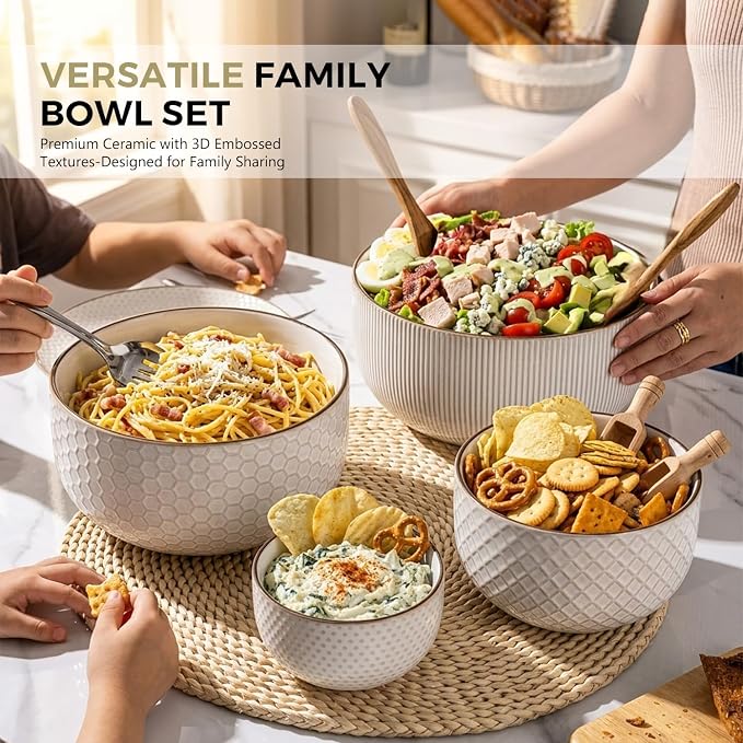 GBhome Ceramic Mixing Bowls Set of 4, Stoneware Nesting Serving Bowls | 150/105/45/20 oz For Prep, Baking, Serving, Gift, Microwave and Dishwasher Safe, Embossed Dishware Collection-Off White - Image 8