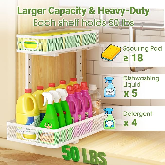 Under Sink Organizer 4-Pack, Metal 2-Tier Pull-Out Cabinet Shelf with Slide-Out Mesh Drawers, Height Adjustable, Space-Saving Storage Racks for Kitchen, Bathroom, Laundry Room, White - Image 5