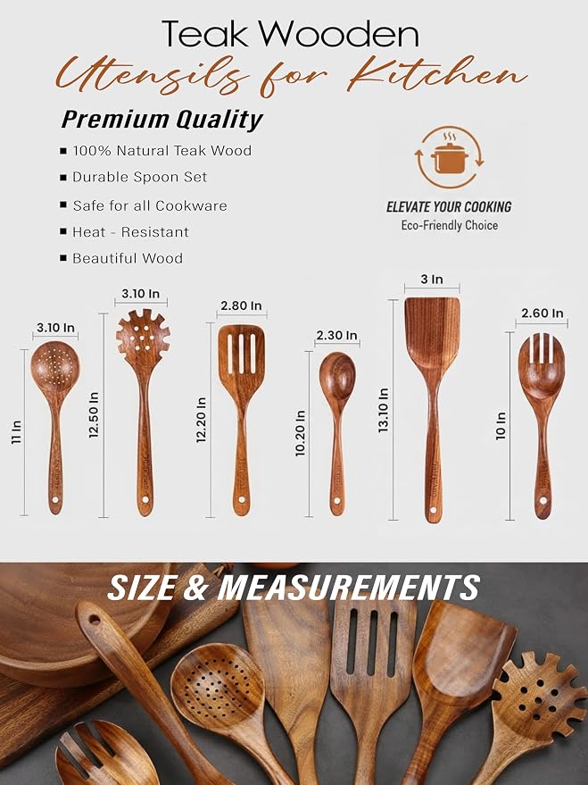 Kitchen Utensils Set, 6 Piece Teak Wooden Utensil Set for Cooking, Premium Teak Cooking Utensils, Non Toxic Wooden Spoons & Spatulas, Heat Resistant Kitchen Tools for Nonstick Cookware - Image 4